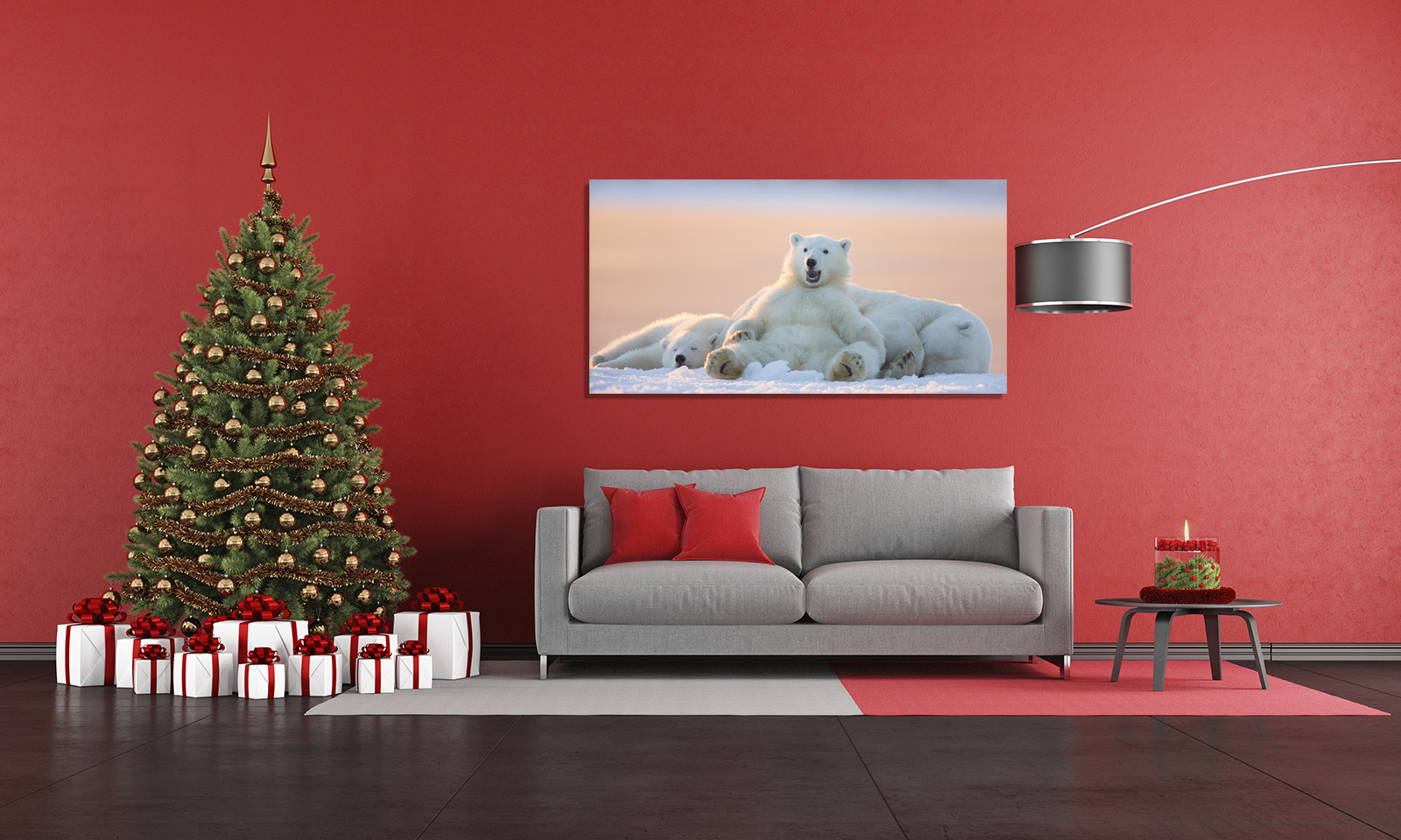 Modern christmas living room with sofa,tree and present - rendering